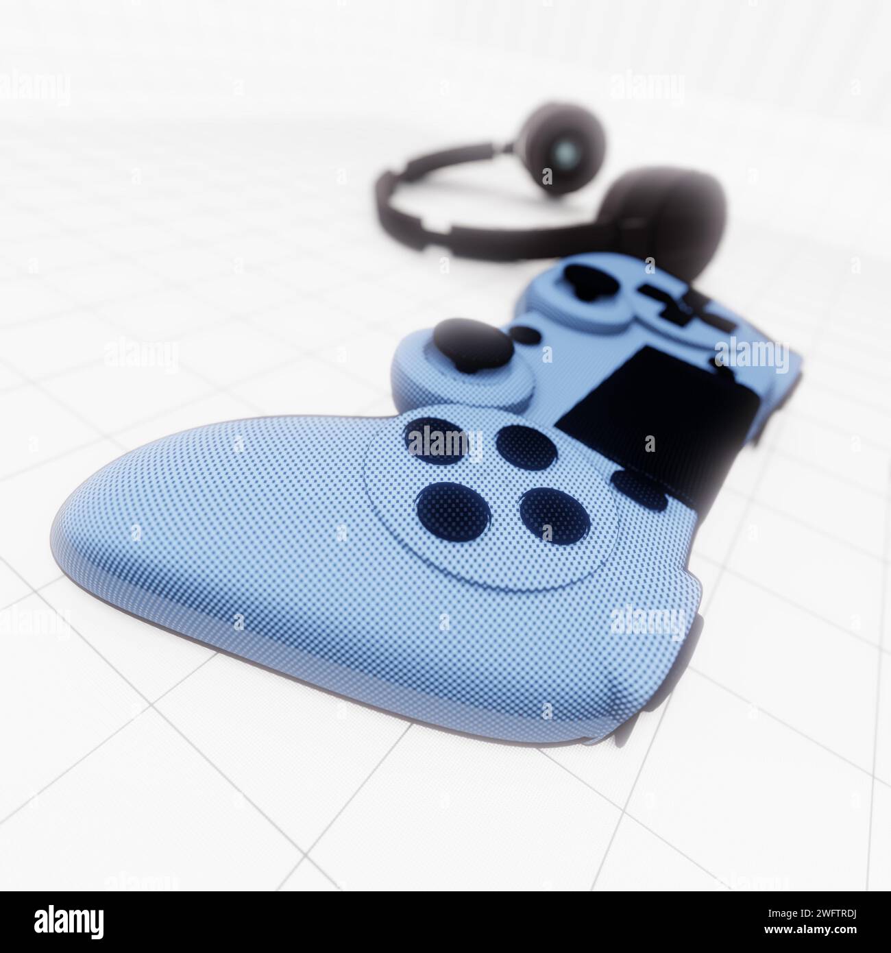 Stylischer generischer Game-Controller und ein schnurloses On-Ear-Headset in einer sauberen, weißen Studioumgebung. Stockfoto