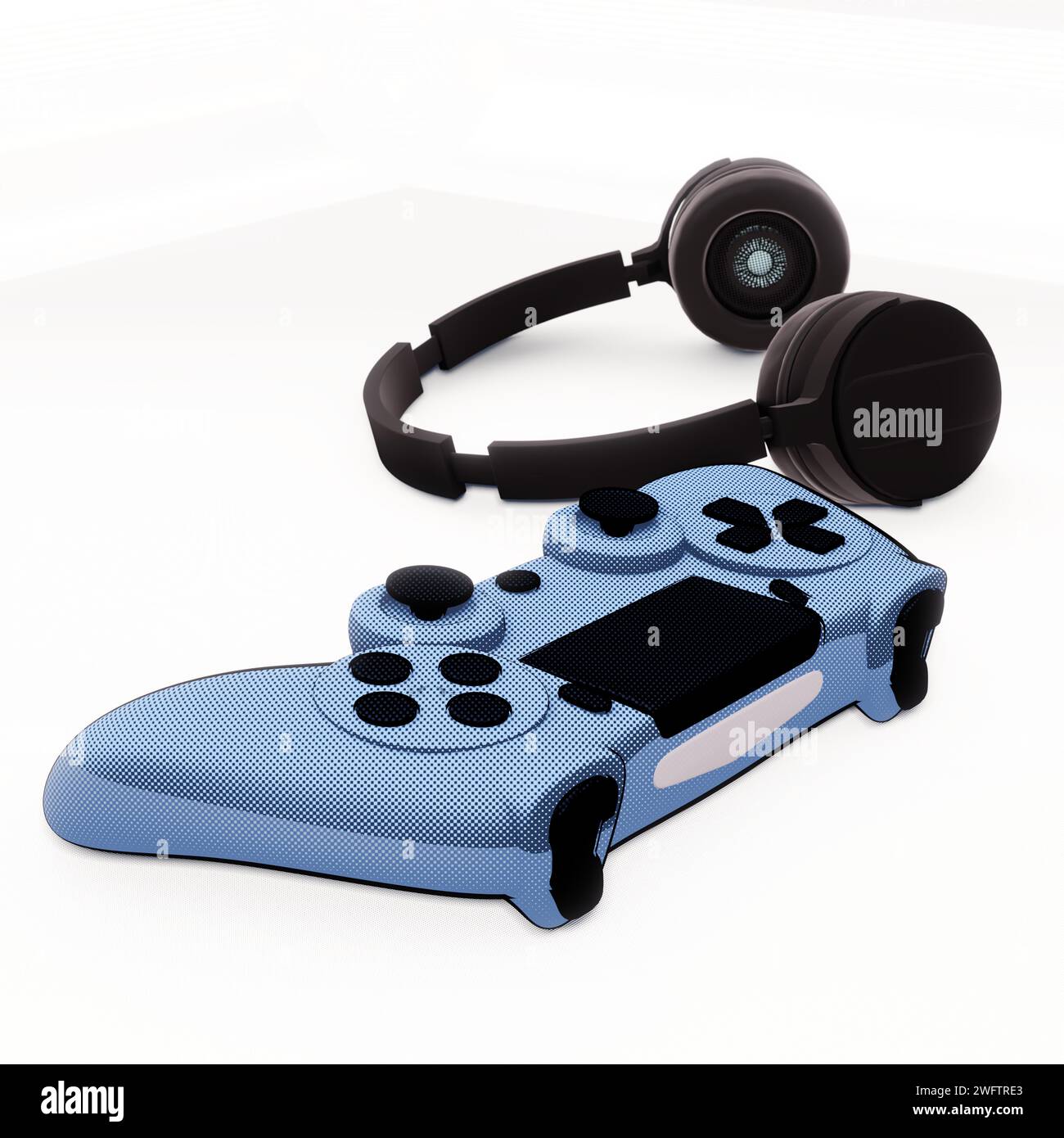 Stylischer generischer Game-Controller und ein schnurloses On-Ear-Headset in einer sauberen, weißen Studioumgebung. Stockfoto