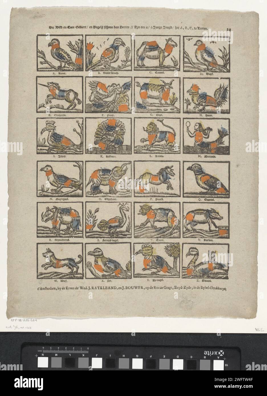 Diese wilden und zahmen Daten / und Vögel sauber von Veeren // sind zu lehren / ô junge Jugend / die A, B, C, c. 1782 - c. 1793 Print Blatt mit 24 Darstellungen der Buchstaben des Alphabets illustriert mit Tieren, deren Namen mit dem betreffenden Buchstaben beginnen. Eine Beschriftung unter jedem Bild. Oben rechts nummeriert: 24. Verlag: Amsterdamprint Maker: Niederlande Papier Buchdruck Tiere. Fabelhafte Tiere (manchmal fälschlicherweise „Grotesken“ genannt); „Mostri“ (Ripa). Buchstaben, Alphabet, Schrift Stockfoto