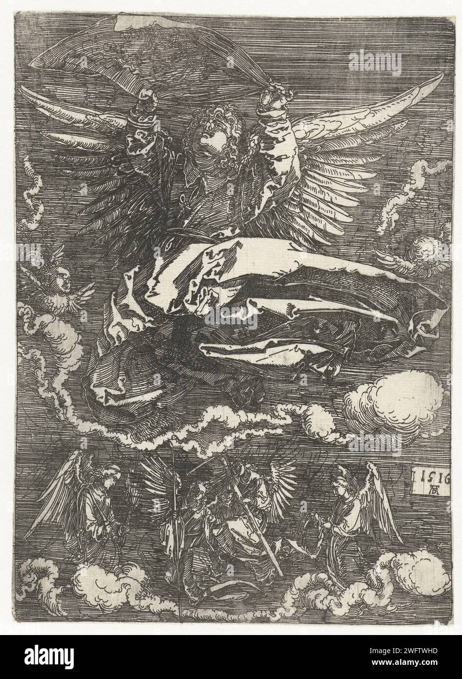 Engel mit dem Schweißtuch und den Passionswerkzeugen, Albrecht Dürer, 1516 Print Zwischen den Wolken schweben, hält ein Engel das Schweißtuch mit dem Druck des Gesichts Christi (das Sudarium). Eine Reihe von Engeln halten die Passionswerkzeuge unter ihm. Nürnberger Papier, das 'Vera-Icon' graviert, von Engeln hochgehalten. „Arma Christi“ Stockfoto