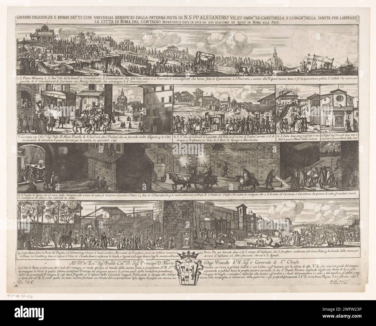 Parade, um Rom von der Pest zu befreien, giovanni giacomo de'rossi, 1657 drucken Sieben aufeinanderfolgende Aufführungen mit Bezug zur Pest in Rom zwischen 1656 und 1657. Eine Prozession von Papst Alexander VII. Durch die Stadt Rom, um die Stadt von der Pest zu befreien. Unter jedem Bild ein erläuternder Text mit Zahlen. Über Titel auf Italienisch. Wappen und Auftrag in italienischer Sprache in STUDMARGE. Printmacher: Romeprint Maker: Italien eigenes Design von: Romepublisher: RomeRomeItalien Papierätzung Papst. Zeremonielle Prozession, Parade, Päpste. Rom Stockfoto