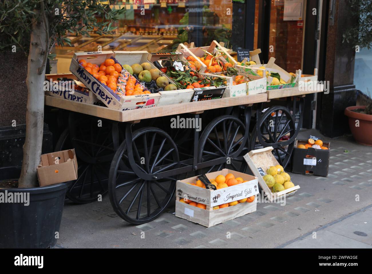 Verkaufsstände vor Andreas Gemüsehändlern mit Figs, Rhabarber, Trauben, Orangen und Tomaten Cale Street Chelsea London England Stockfoto