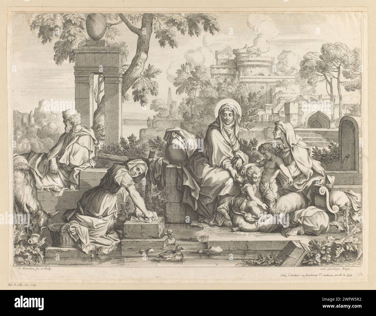 Heilige Familie in de Wasplaats mit Elizabeth und Johannes de Boper, Sébastien Bourdon, 1626 - 1671 Druckpapier Gravur Heilige Familie mit Johannes dem Täufer, Elisabeth anwesend Stockfoto