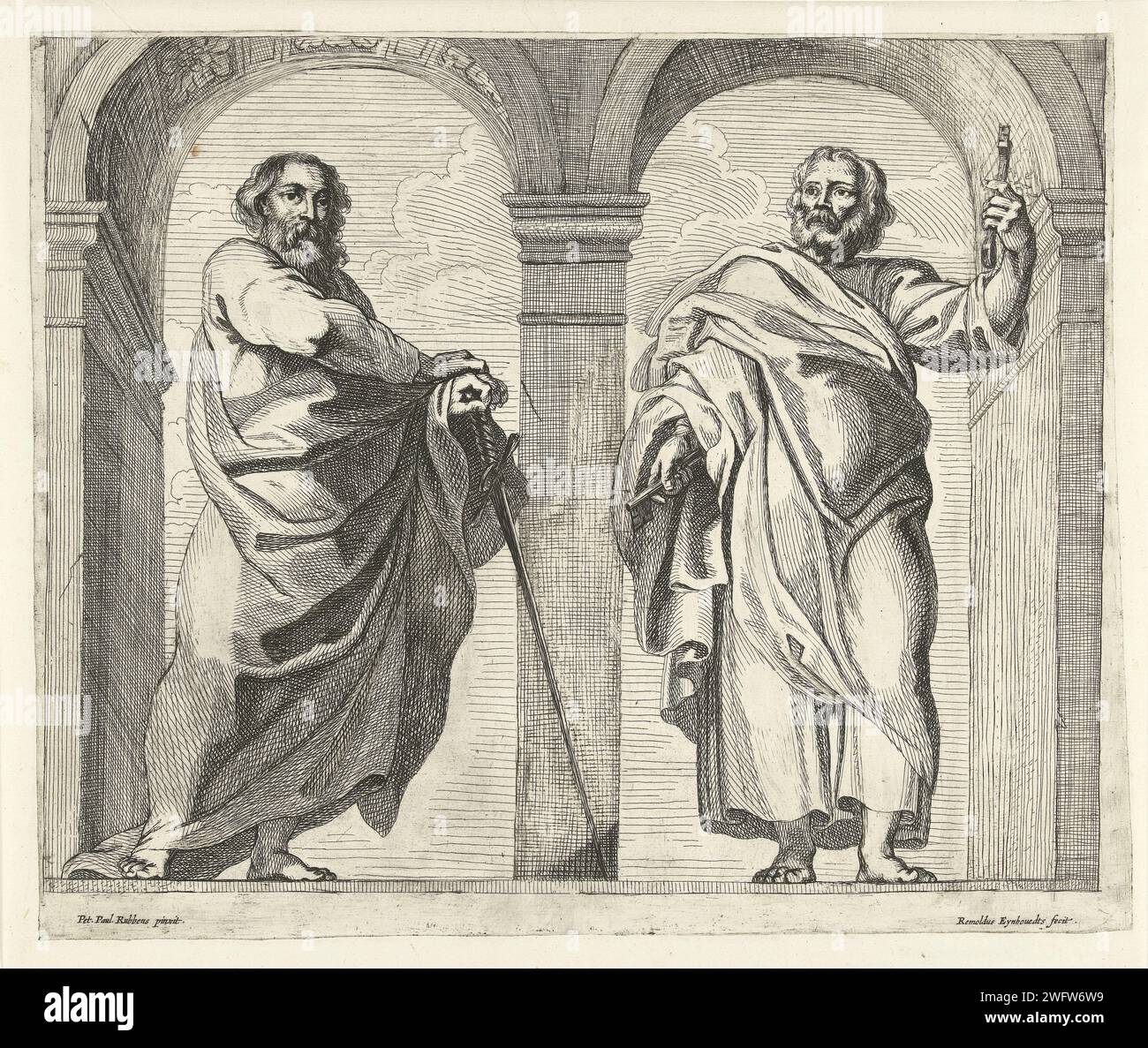 Petrus und Paulus in einem Vorraum, Remoldus Eynhoudts, nach Peter Paul Rubens, 1626–1680 drucken Antwerpener Papier, das spezifische Aspekte graviert  St. Paul. Spezifische Aspekte  St.. Peter Stockfoto