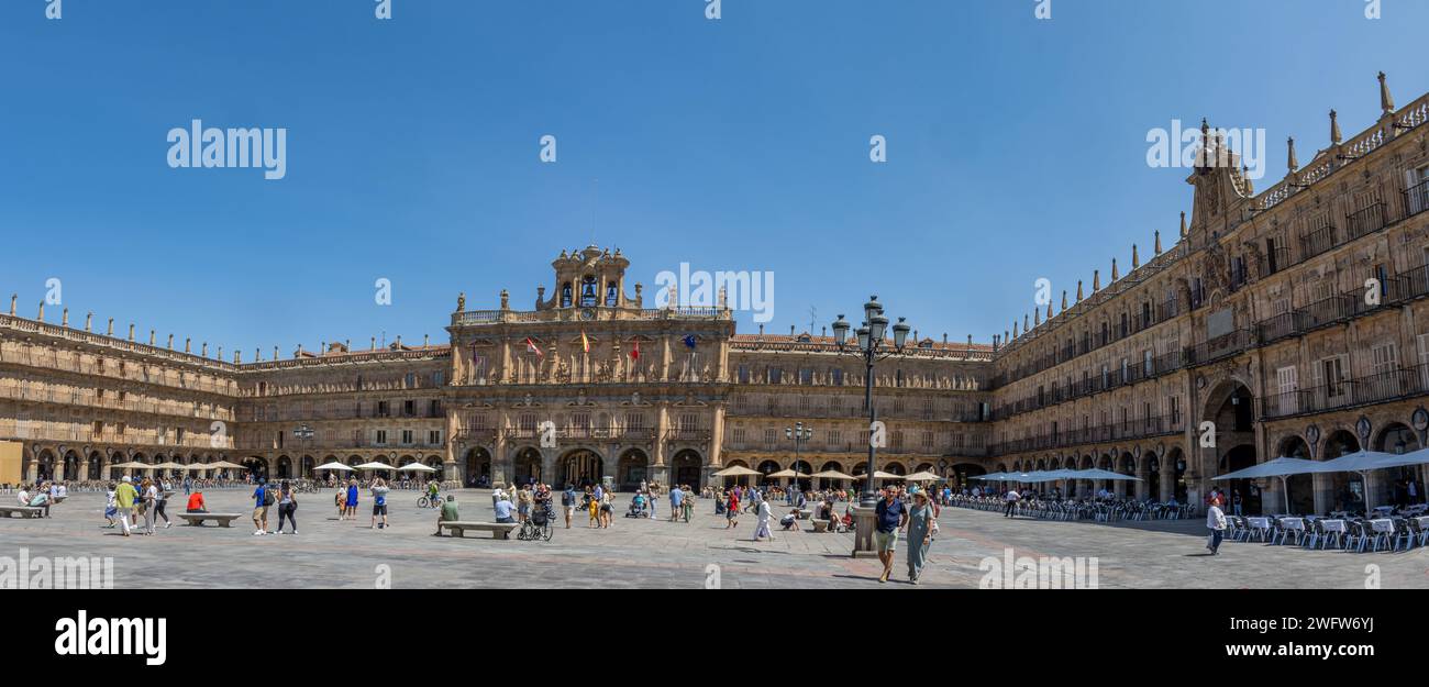 Salamanca, fotografía panorámica de la espectacular plaza Mayor, una de las plazas monumentales más bellas de Europa, España Stockfoto