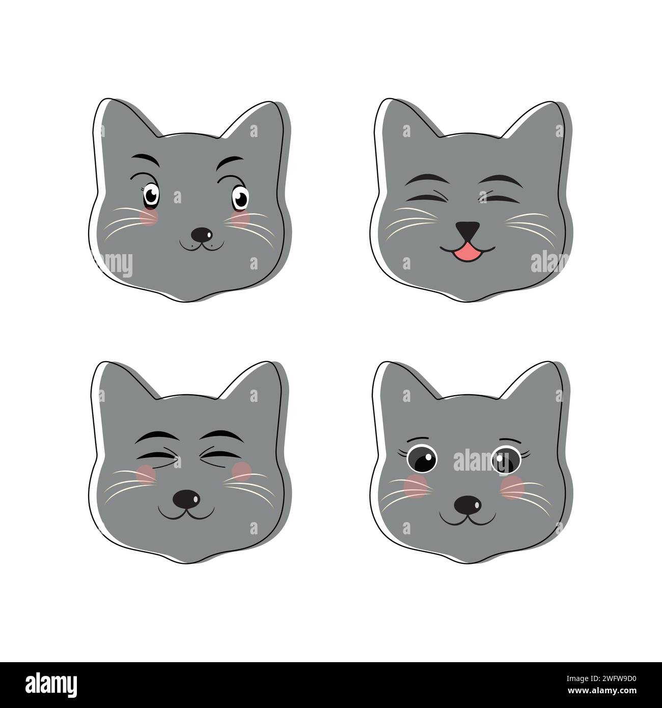 Katze Haustier Kopf Gesicht Icon, Vektor Illustration von lustigen Karikaturkatzen, Katze Gesicht mit verschiedenen Ausdrücken und Mustern Vektor Illustration flache Design. Stock Vektor