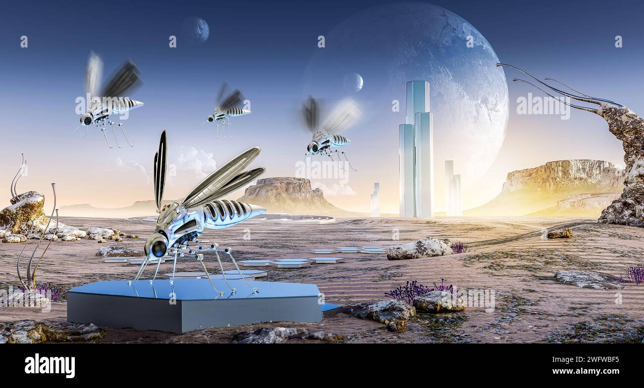 Große surreale Alien-Landschaft einer Techno-Welt mit High-Tech-Robotermücken im Vordergrund, 3D-Rendering. Stockfoto