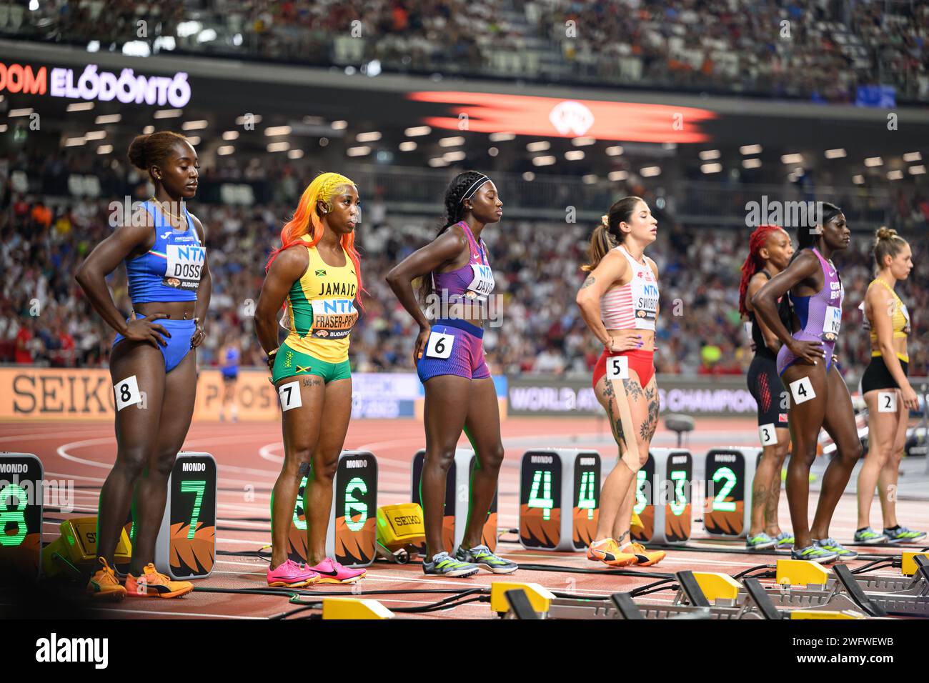 100 Meter bei der Leichtathletik-Weltmeisterschaft in Budapest 2023. Stockfoto