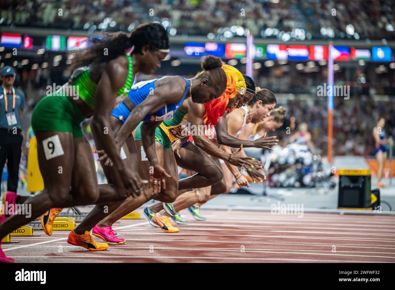 100 Meter bei der Leichtathletik-Weltmeisterschaft in Budapest 2023. Stockfoto