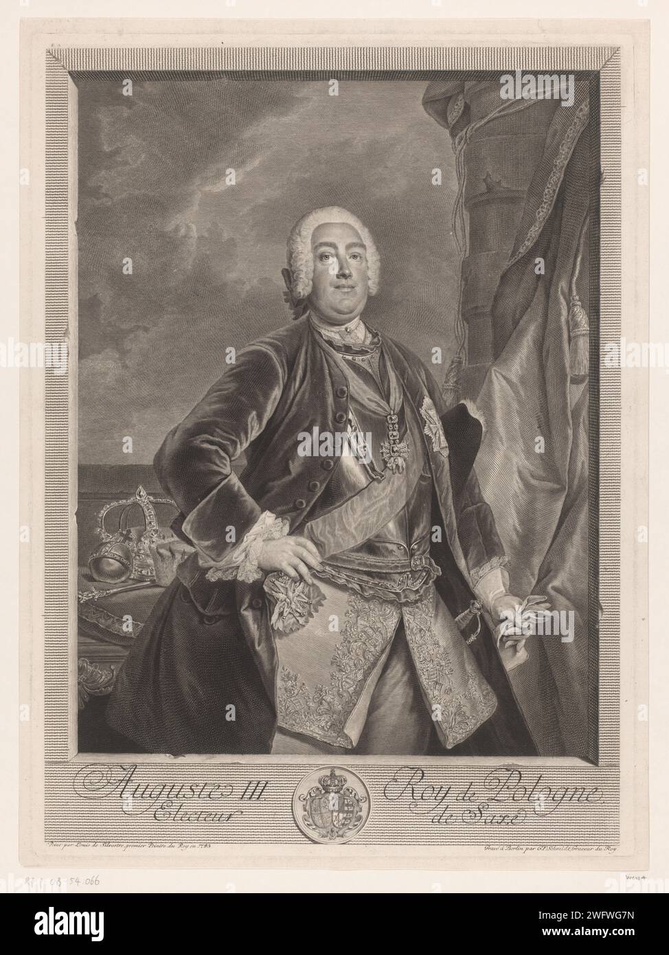 Porträt von August III., König von Polen, Georg Friedrich Schmidt, nach Louis Silvestre (II), 1743 - 1775 Druck Berliner Papierstich / Ätzen historischer Personen. Waffenlager, Heraldik Stockfoto