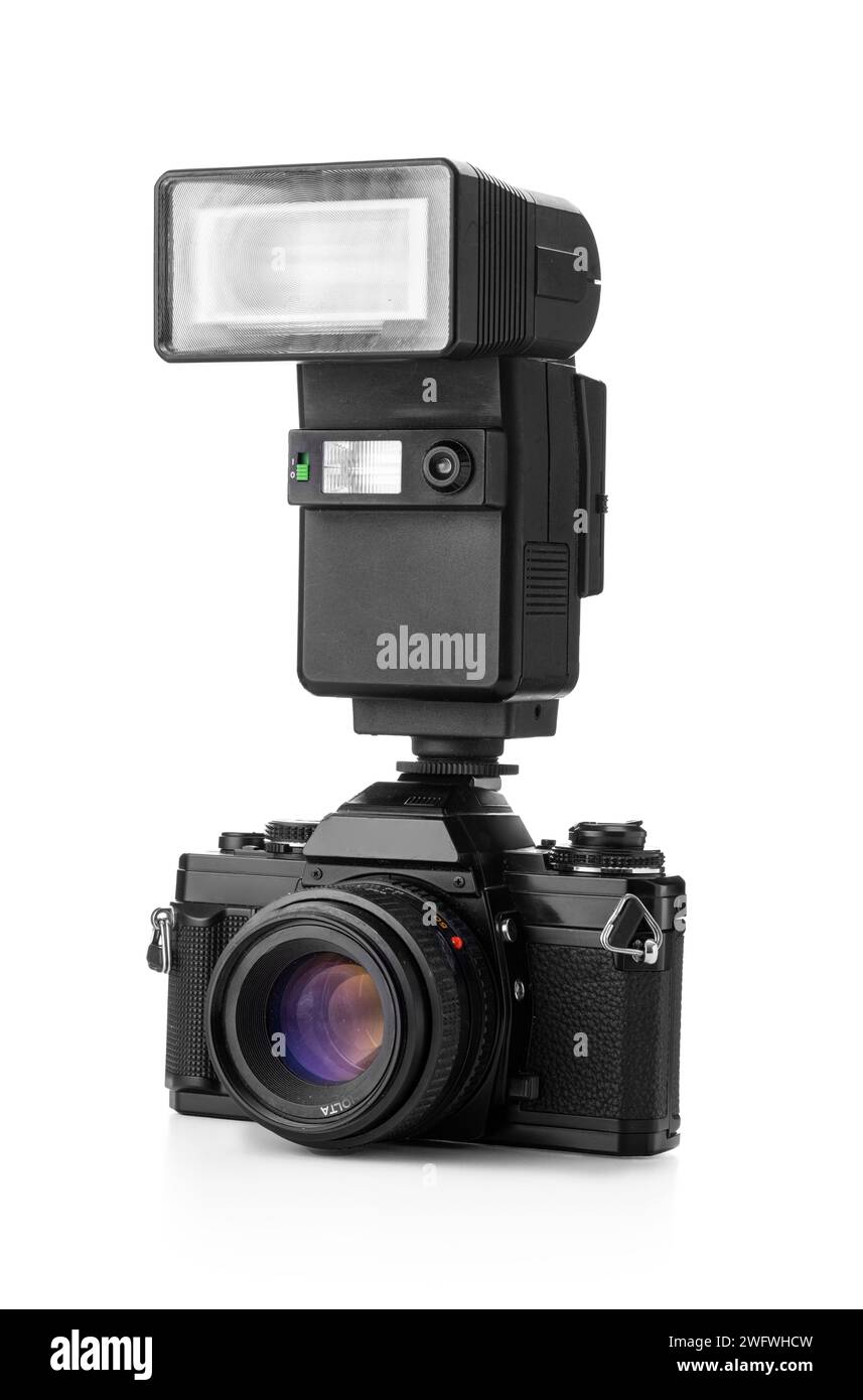 Alte Kamera, Retro-Fotofilm, Vintage-Fotokamera isoliert auf weißem Hintergrund Stockfoto