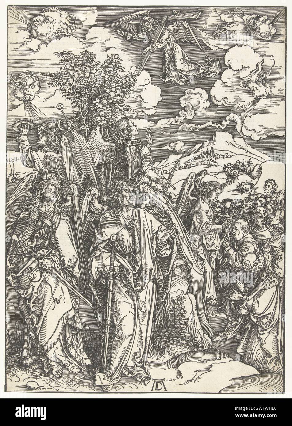 Engelen stoppen die vier Winde, Albrecht Dürer, 1498 drucken vier Engel, unten links, stoppen vier Winde (in Form von vier wehenden Bechern), während ein anderer Engel mit einer Reihe von Menschen ein Kreuz auf die Stirn zieht. Über versozijde lateinische Bibeltexte in gotischer Schrift in zwei Spalten. Nürnberger Buchdruckpapier die vier Winde werden von vier Engeln gebremst Stockfoto