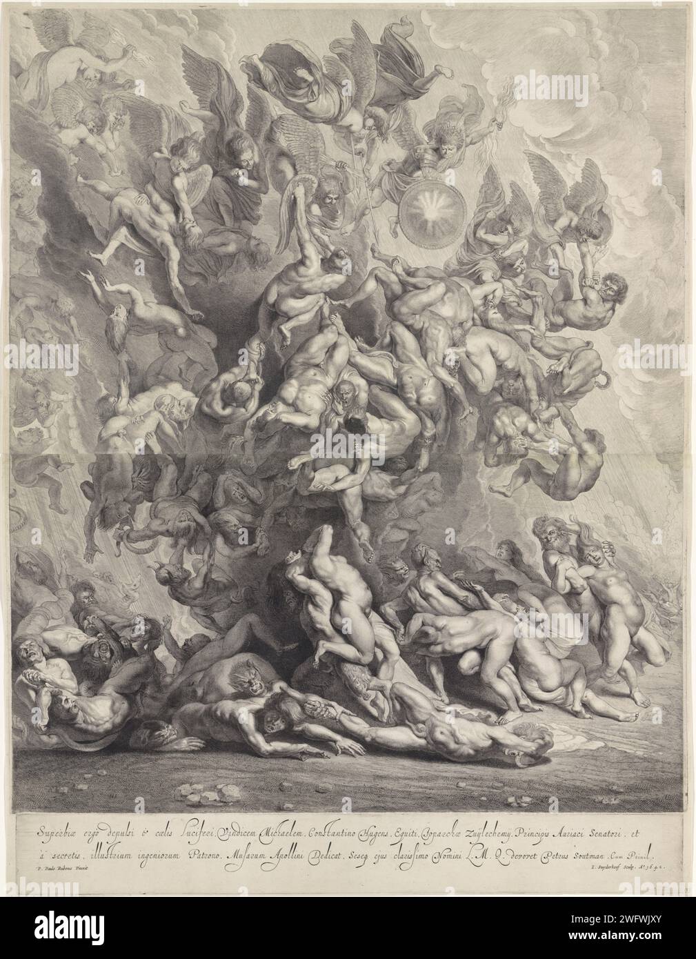Der Fall der Verdammten, Jonas Suyderhoef, nach Peter Paul Rubens, 1642 Print Engel werfen die Verdammten in die Hölle. Die Präsentation besteht aus zwei Teilen. Haarlem Papier, das den Fall des Verdammten  das letzte Gericht graviert Stockfoto