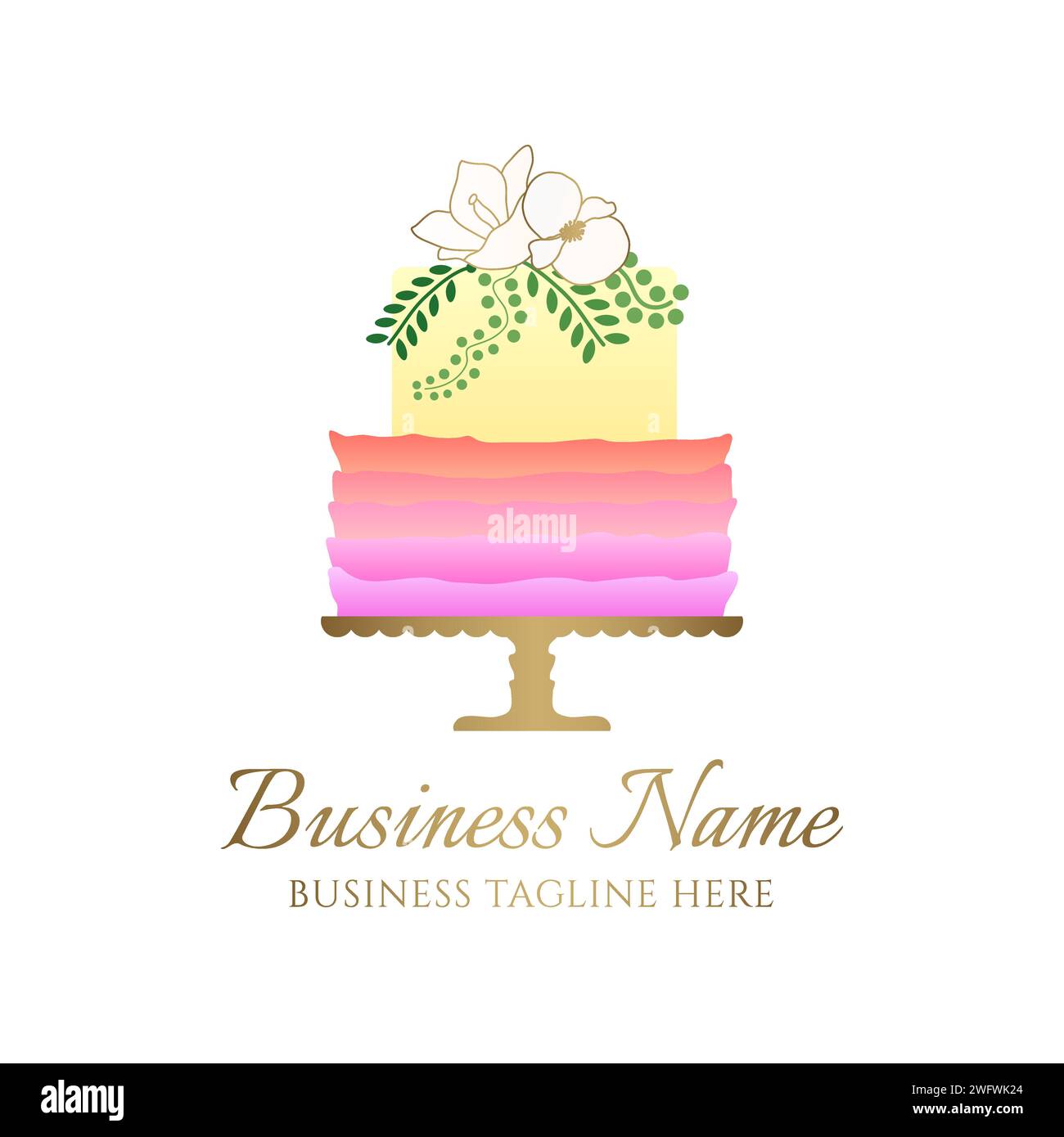 Rainbow Cake Logo für Bäckerei Business oder Geburtstagsfeier in Gelb, Orange und Rosa Farbverlauf und Blumen Stock Vektor