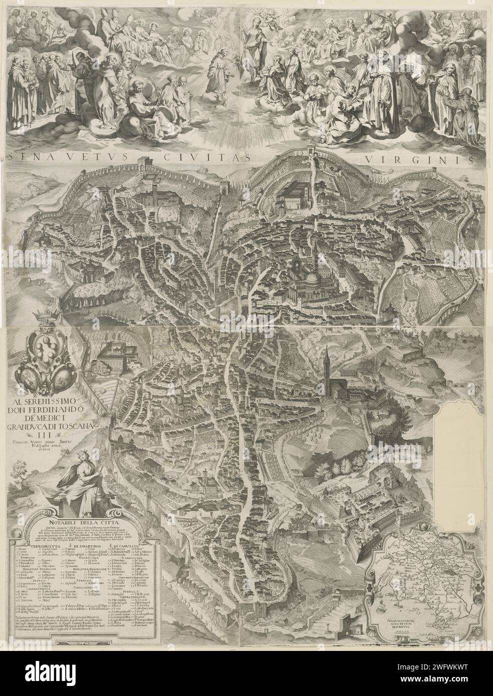 Karte von Siena, in oder nach 1597 drucken Karte von Siena. Über der Stadt der Heiligen, Bischöfe, Kardinäle und Maria auf Wolken. Druckerei: Italien Design von: ItalyToscane Papier Ätzen / Gravieren Karten, Atlanten. Stadtblick im Allgemeinen; „Veduta“. heilige. Weibliche Heilige. erzbischof, Bischof usw. (Römisch-Katholisch). Maria (ohne das Christkind). Wappen (als Symbol des Staates usw.). kardinal Siena Stockfoto