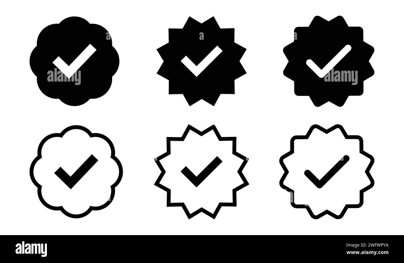 Mit schwarzem Häkchen verifizierte Symbolgruppe mit Füllung und Kontur. Häkchen, rechts, V, Verifizierungssymbol. Symbol für Akzeptieren, Abstimmung, Auswahl zur Verwendung in Apps und Profilen. Stock Vektor