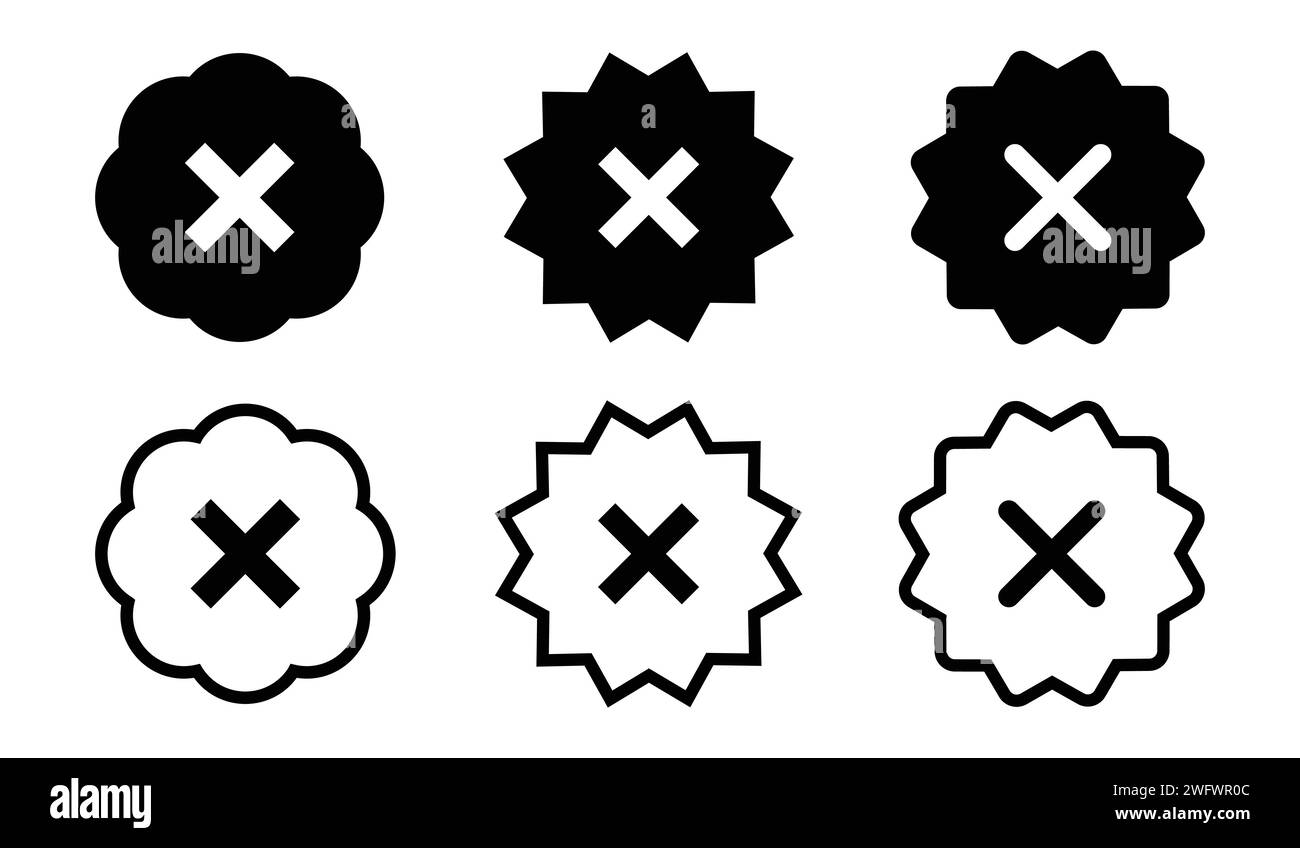 Symbolsatz für nicht verifiziertes schwarzes Kreuz mit Füllung und Kontur. Schwarze Farbe nicht überprüft. Kreuz-X-Vektor-Symbol. Kein falsches Symbol. Löschen, Abstimmungszeichen. Stock Vektor
