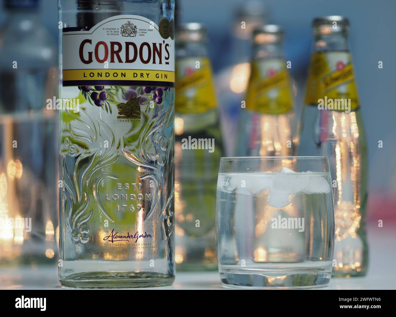 Deutschland. Februar 2024. In dieser Fotoabbildung wird eine Flasche Gordons London Dry Gin in einer Bar gezeigt. Quelle: SOPA Images Limited/Alamy Live News Stockfoto