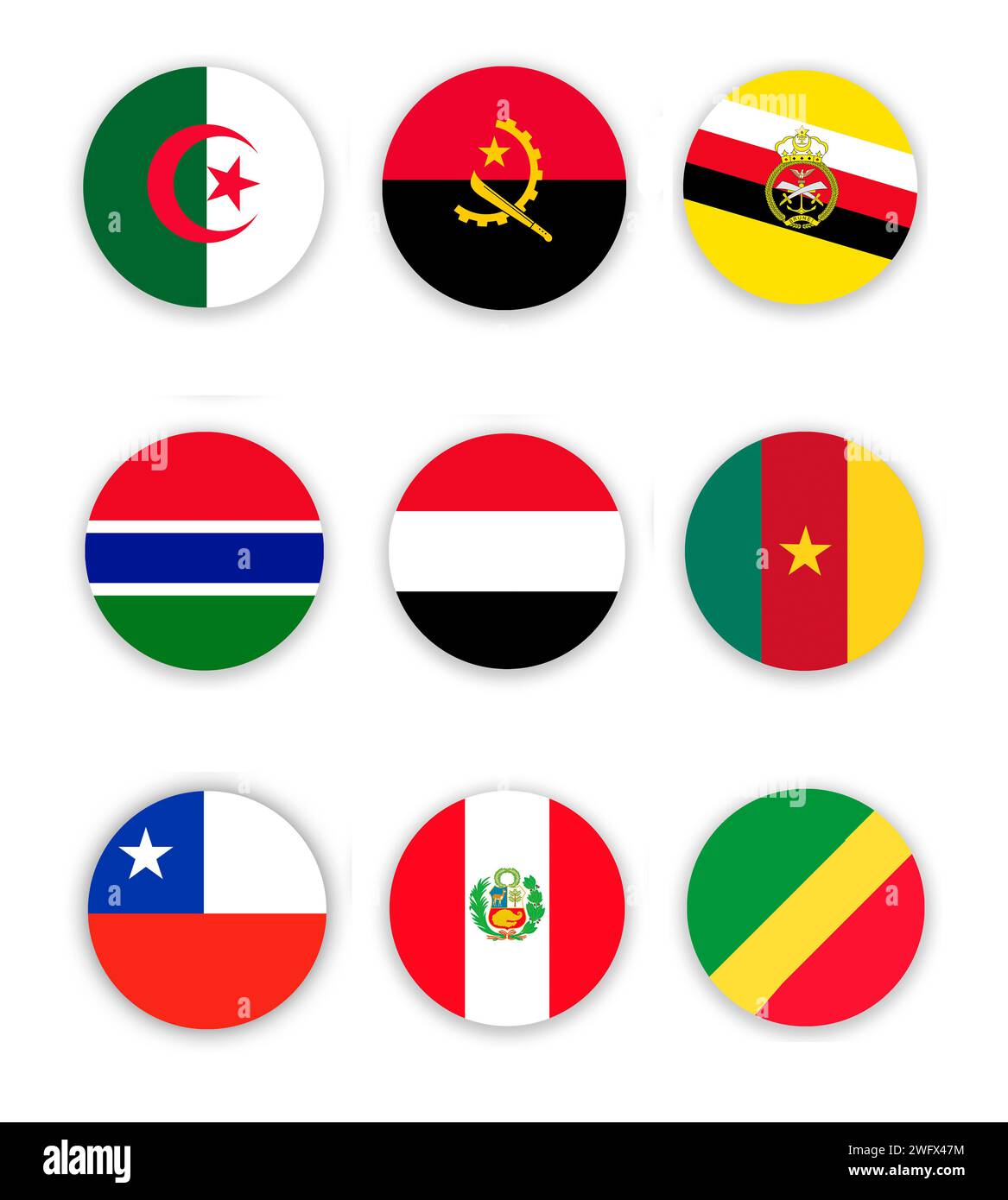 Flaggen von Europa. Europäische Länder Flaggen in Kreisform. Ukraine, Großbritannien, Frankreich, Italien, Spanien, Deutschland, Dänemark, Portugal, Rumänien Stockfoto