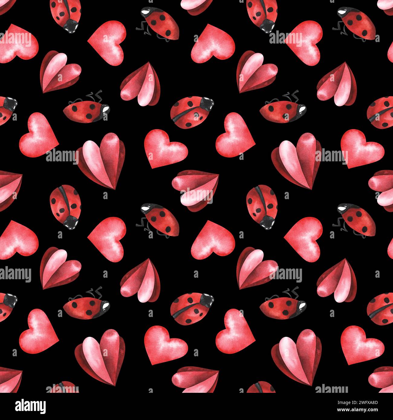 Marienkäfer und rote Herzen. Handgezeichnete Illustration mit Aquarell. Nahtloses Muster. valentinstag-Konzept. Für Textil, Stoff, Tapeten, Web, Packag Stockfoto