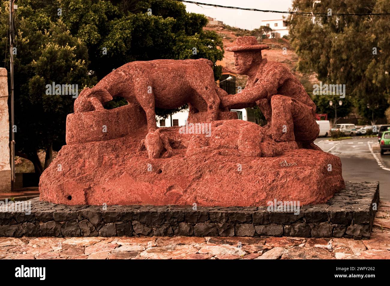 Fuerteventura, Pajara, Statue von Goatherd und Ziegen, Verkehrskreis, Nordseite der Stadt Stockfoto