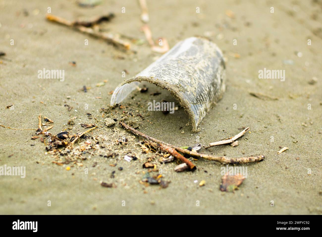 Umweltverschmutzung. Plastikbecher im Sand Stockfoto