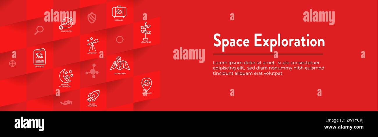 Space Exploration Travel oder Tourism Web Header Banner mit Raumschiff, Teleskop und Planeten Stock Vektor
