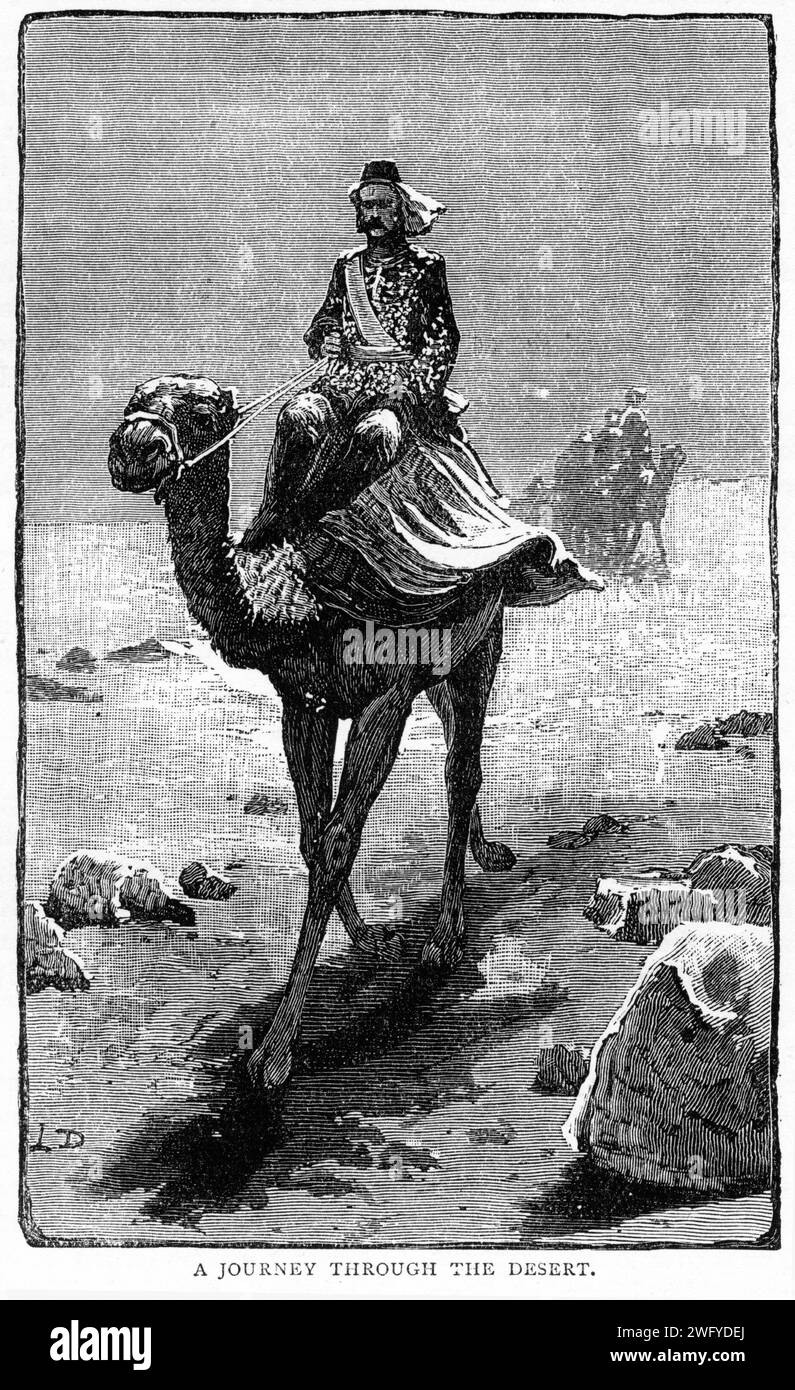 Gravur eines britischen Armeeoffiziers, General George Gordon, der um 1880 auf einem Kamel durch die Wüste reitet Stockfoto