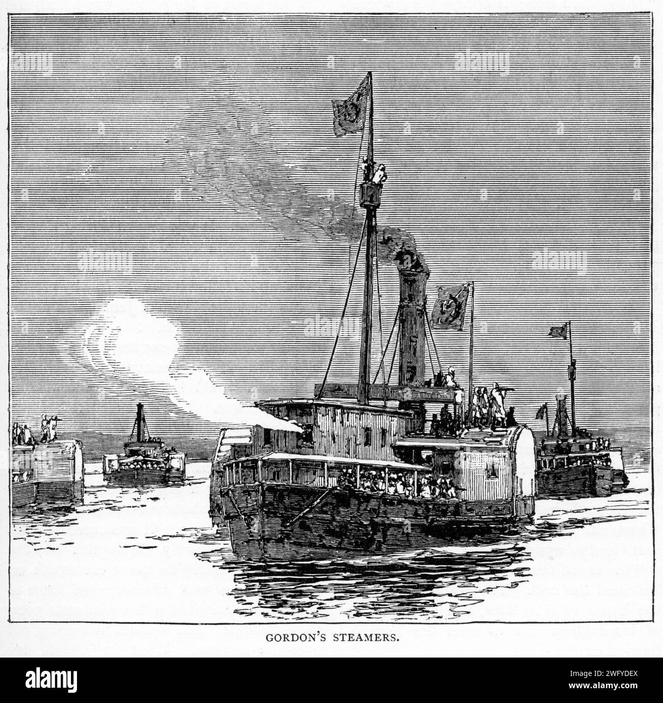 Gravur von General Gordons Dampfbooten auf dem Nil, die in den Sudan unterwegs waren, veröffentlicht um 1900 Stockfoto