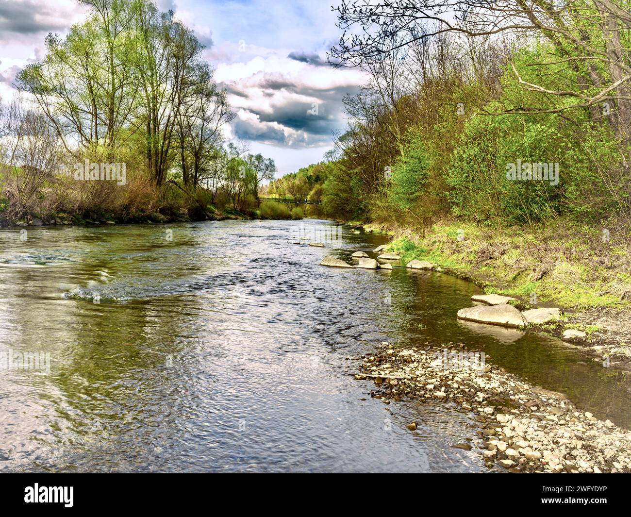 Wunderschöne Frühlingslandschaft mit Fluss Ropa, Bäumen und blauem Himmel mit Wolken, Gorlice, Polen. Stockfoto