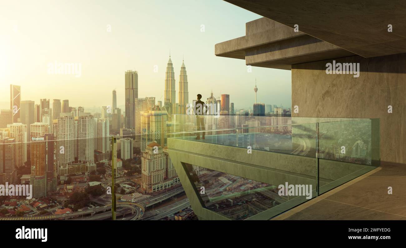 Junger Geschäftsmann, der im Flur vor dem Büro steht und den Blick auf die Stadt sieht, Business Ambition Concept. 3D-Rendering Stockfoto