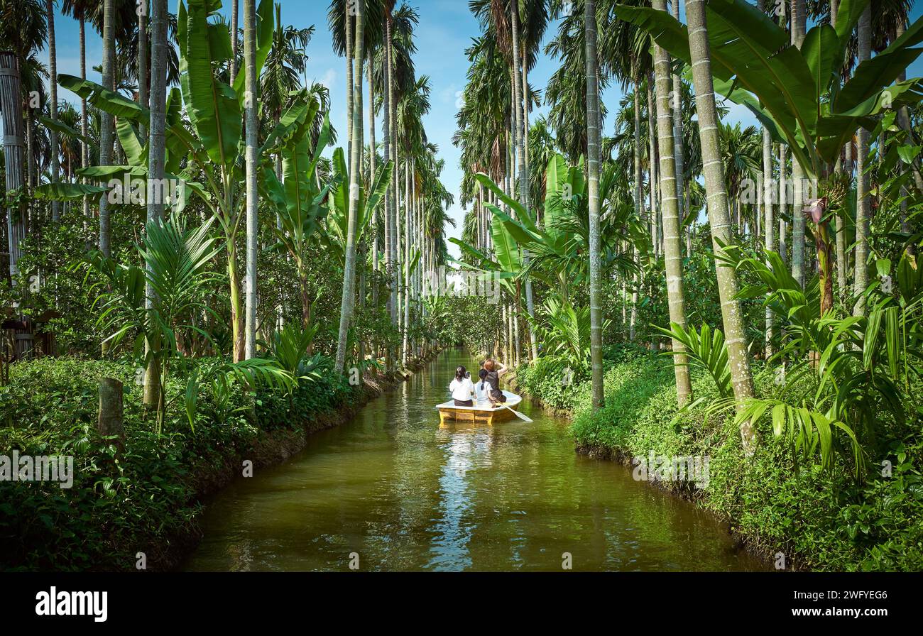 Asiatische Familien Kajakfahren auf dem Fluss an einem wunderschönen Ort außerhalb von Bangkok mit tropischem Regenwald und Dschungelartiger Umgebung Stockfoto
