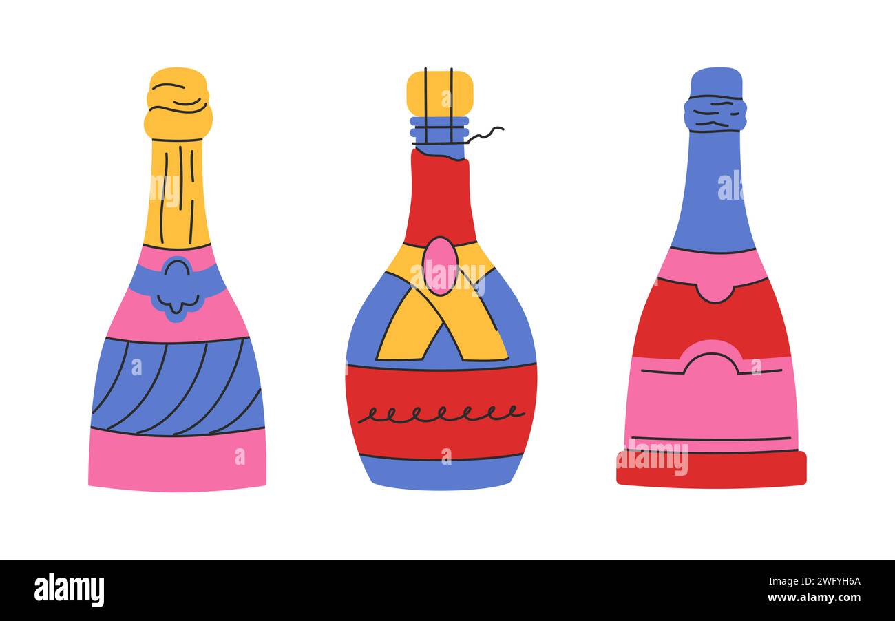 Set aus Wein- und Sektflaschen in flachem Stil. Valentinstag bunte Kritzelvektorillustrationen. Gut für Aufkleber Stock Vektor