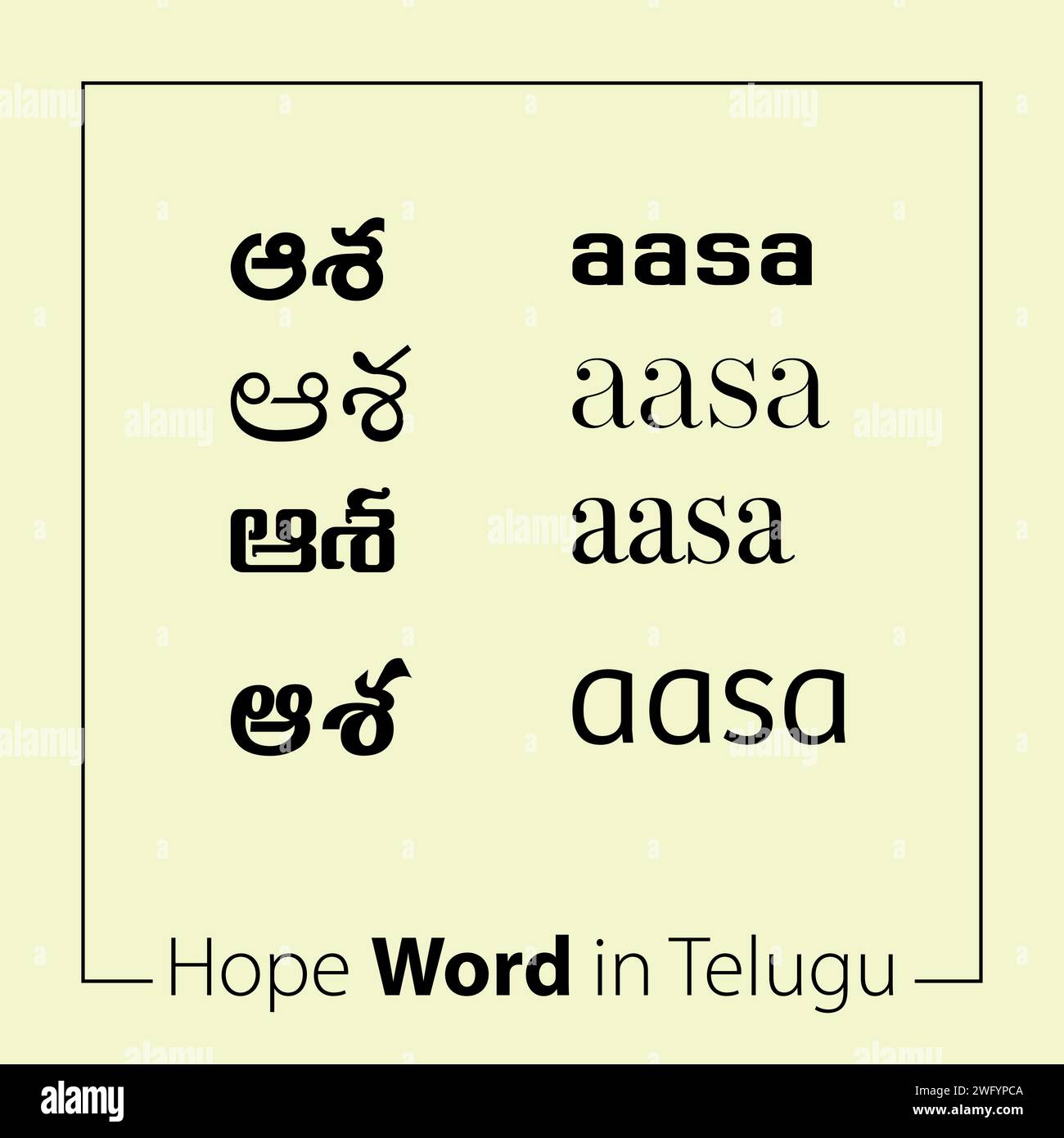 Dieser Vektor ist für Menschen gedacht, die Hoffnung in Telugu wünschen. Ein „Hoffnung“-Wortvektor verkörpert Optimismus, Vorausschau und Positives. Stock Vektor
