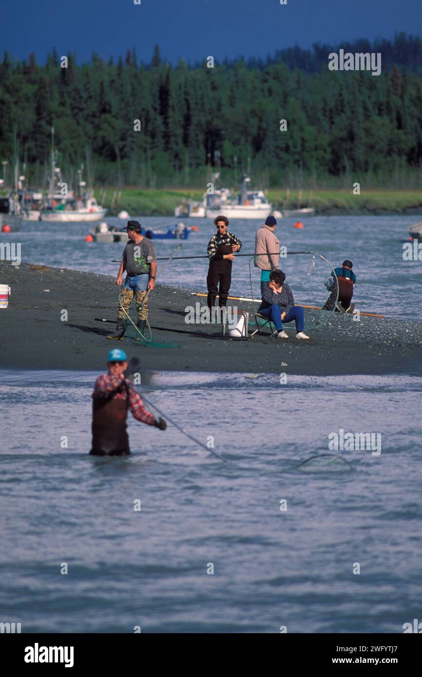 Im Kasiloff River im Süden alaskas taucht die Fischernetze nach Sockeye Lachs, Oncorhynchus nerka oder Rotem Lachs Stockfoto