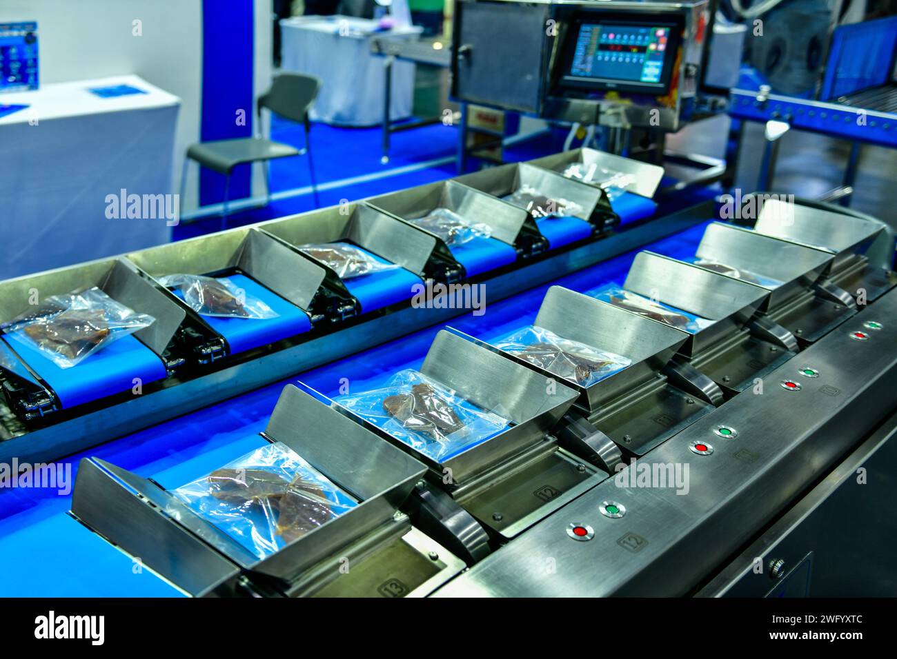 Automatische Produktionslinie für getrocknete Fischfleischprodukte an Förderbandanlagen im Werk Stockfoto