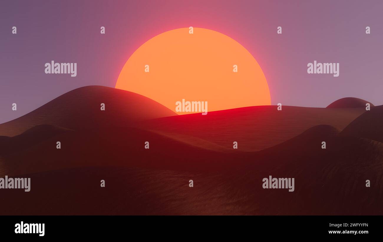 3D-Illustration riesige rote untergehende Sonne in Wüstendünen Stockfoto