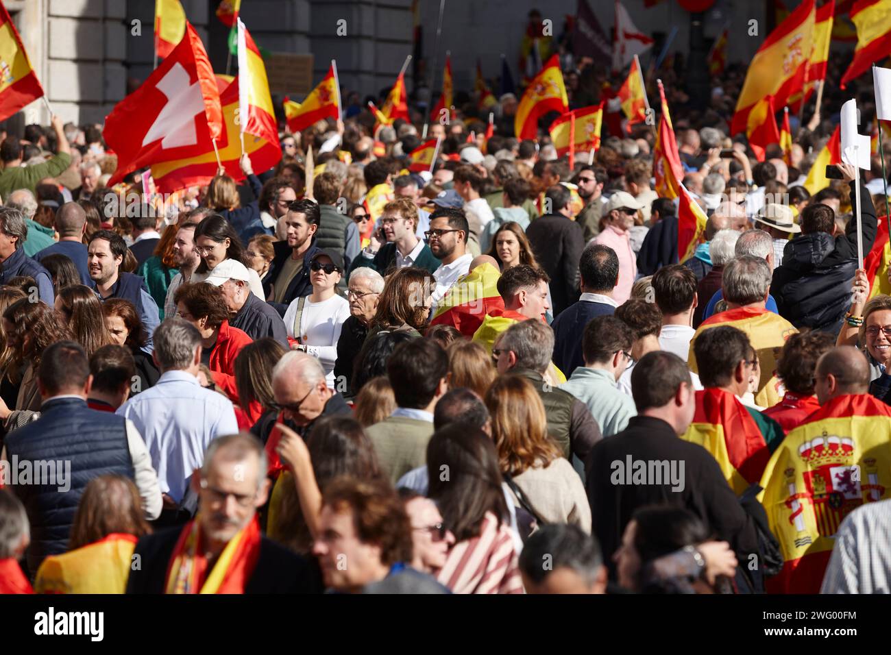 Menschenmenge. Demonstration in Spanien mit spanischen Flaggen. Protest Stockfoto