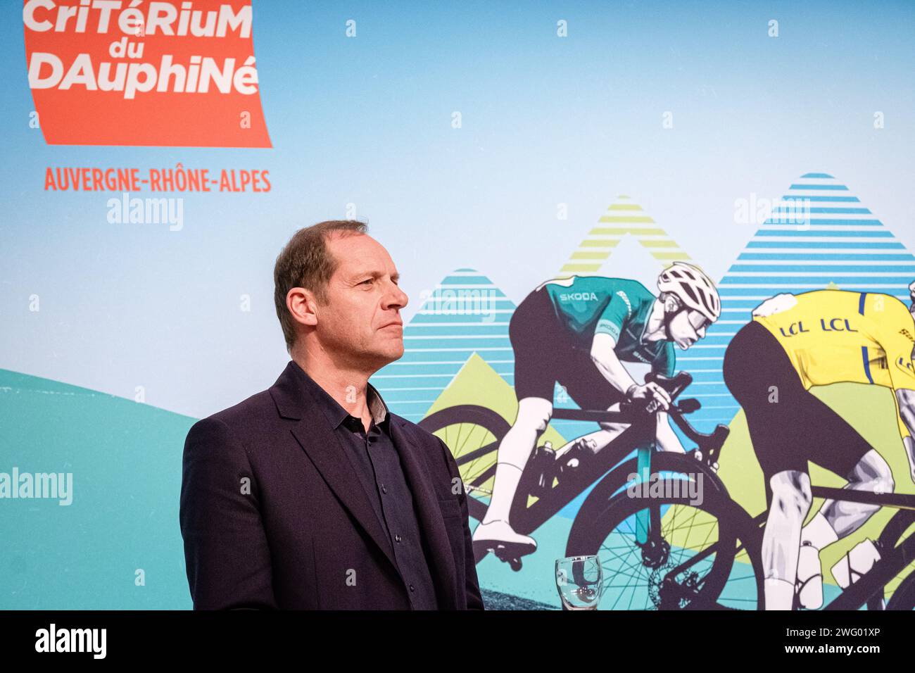 Christian Prudhomme, Direktor der Tour de France, vor der Vorstellung der Route des Criterium du Dauphine-Radrennens. Stockfoto