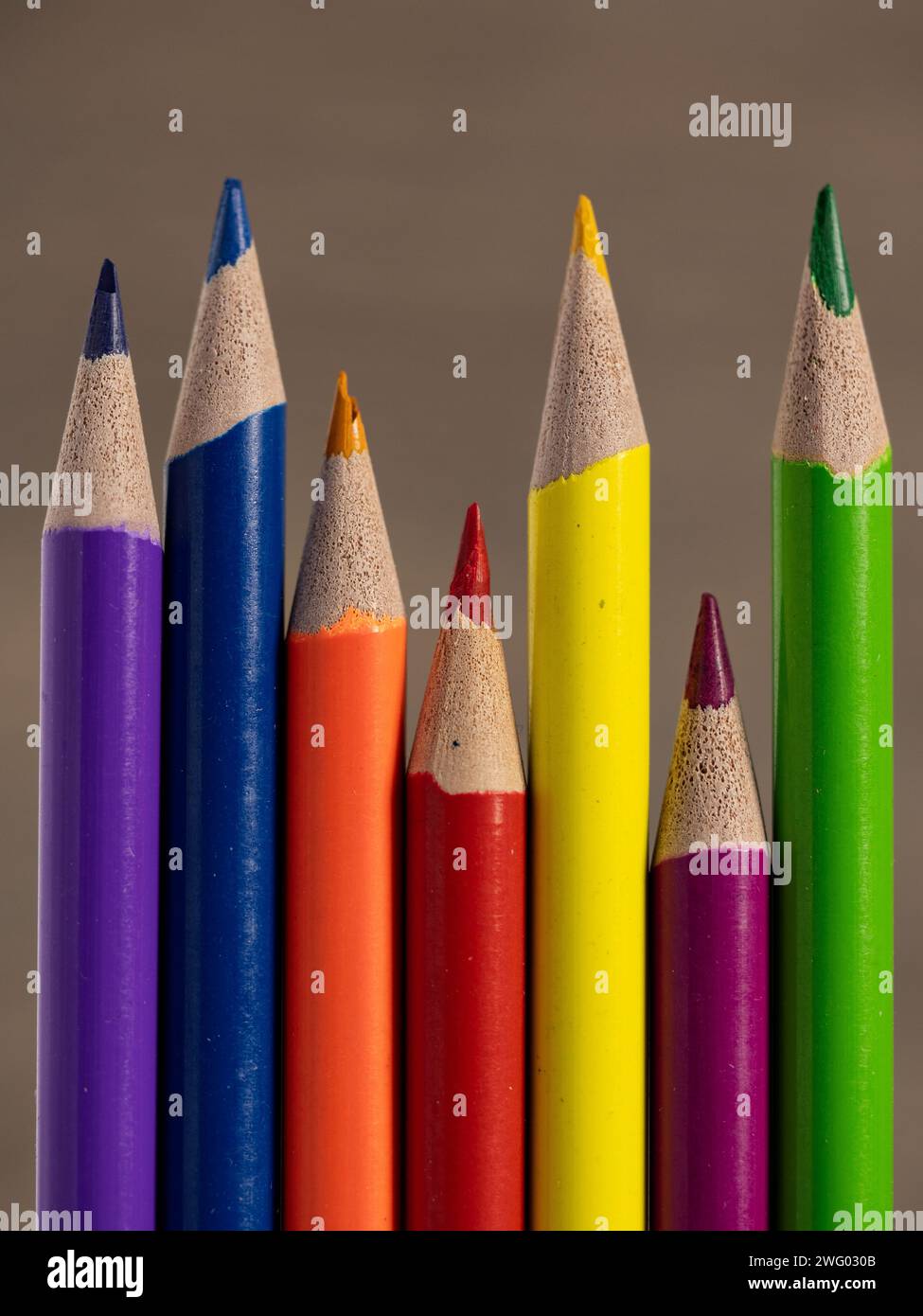 Die farbenfrohen Bleistifte sind auf einer schlanken Oberfläche angeordnet. Stockfoto