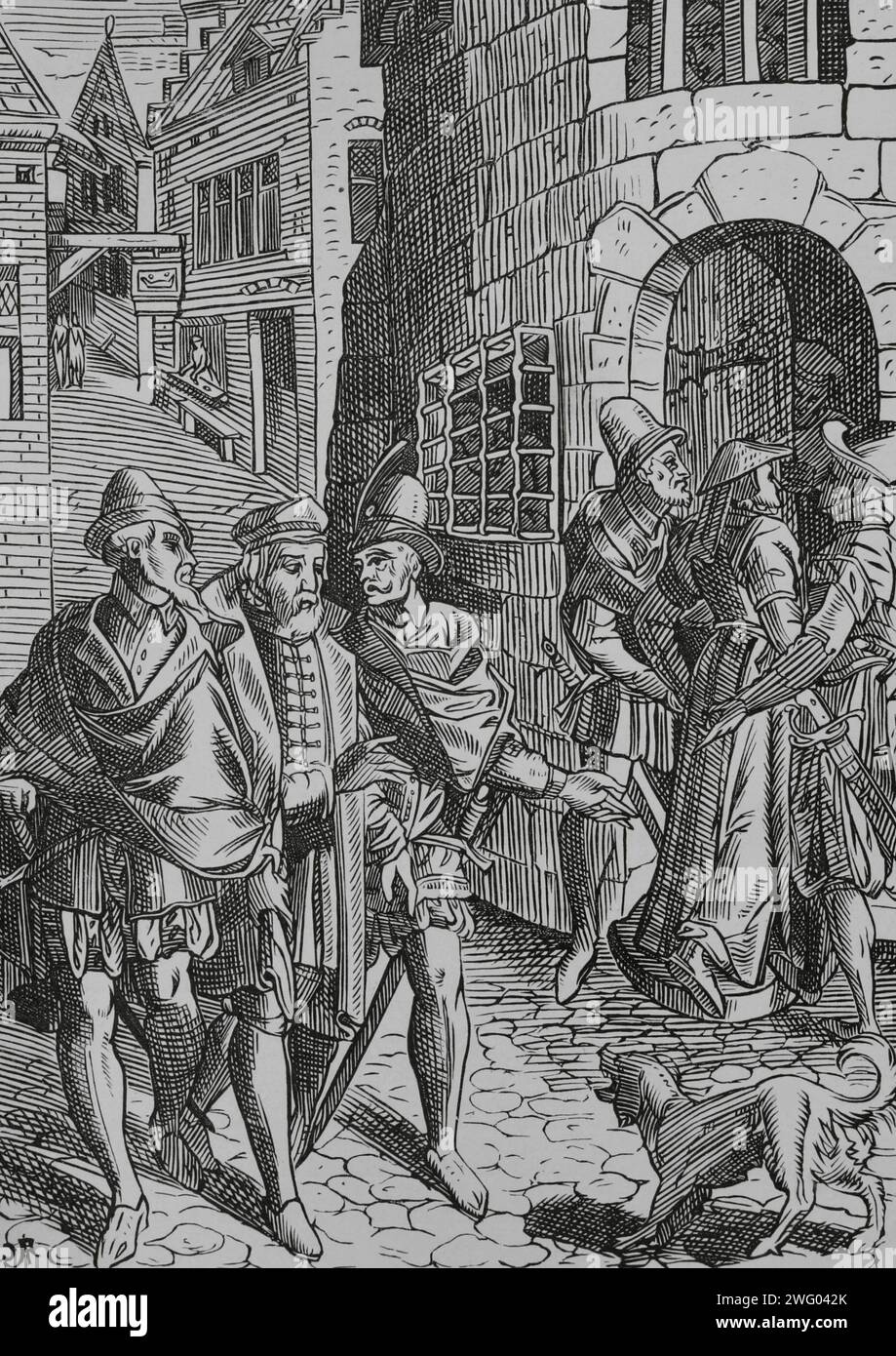 Paris, Frankreich. Das Gefängnis des Provosten, Rue de la Tannerie. Stich nach einem Holzschnitt in Praxis Rerum Civilium von Joost de Damhouder (1507-1581). Veröffentlicht Antwerpen, 1596. "Moeurs, usages et Kostüumes au moyen-âge et à l'époque de la Renaissance" von Paul Lacroix. Paris, 1878. Stockfoto