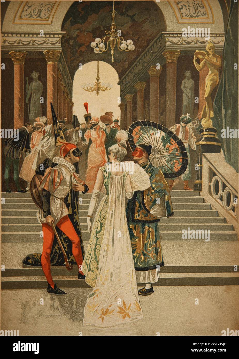 18. Jahrhundert. Frankreich. Paris. Maskerade Ball. Die Teilnehmer tragen Masken. Gravur. Historia de Europa en el siglo XVIII von Emili Stockfoto