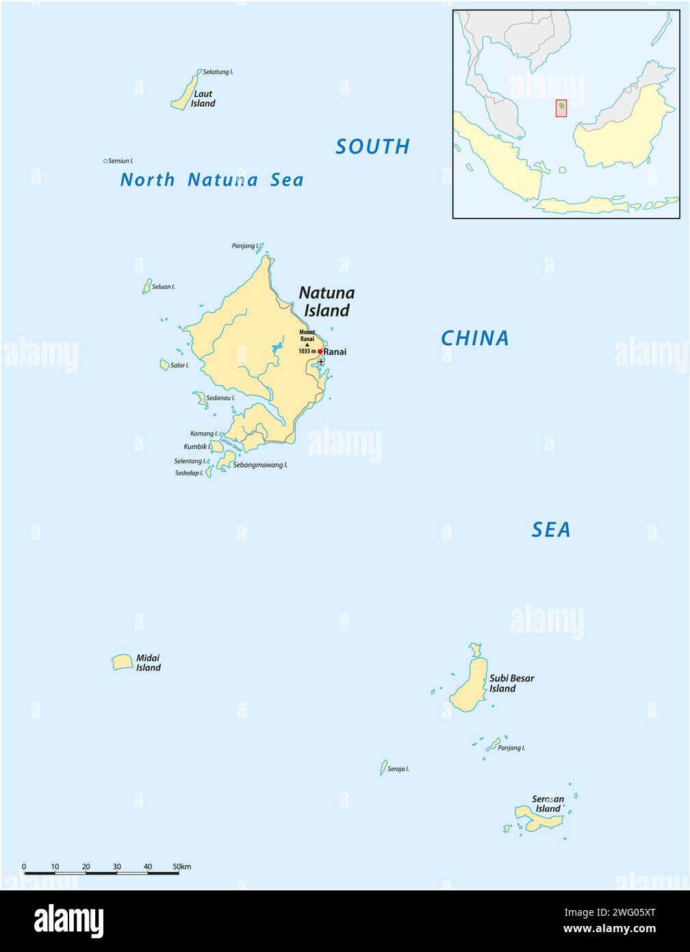 Karte der Natuna-Inseln, Indonesien Stockfoto