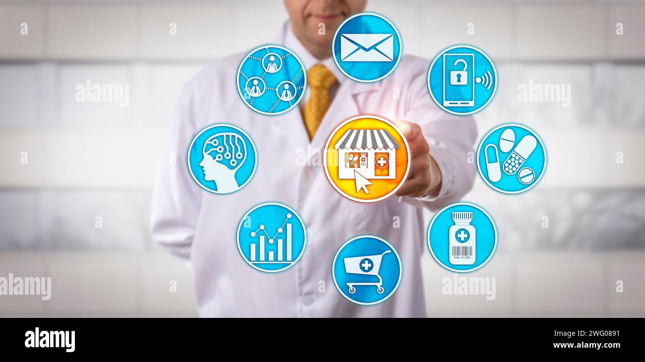 Nicht erkennbarer unabhängiger Inhaber einer Apotheke im Einzelhandel initiiert eine E-Apotheke-Anwendung. Pharmazeutisches Marketing und Vertriebskonzept für Online Stockfoto
