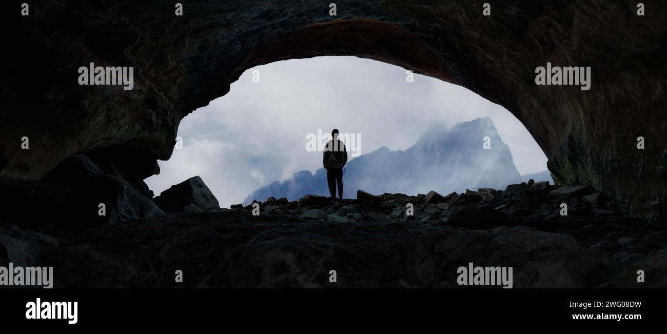 Abenteuerlustiger man Wanderer, der in einer Höhle mit dramatischer Aussicht auf die Wolken und die schneebedeckten Berge steht. Adventure Composite. 3D-Rendering Peak. Dramatische Nachtszene. Stockfoto
