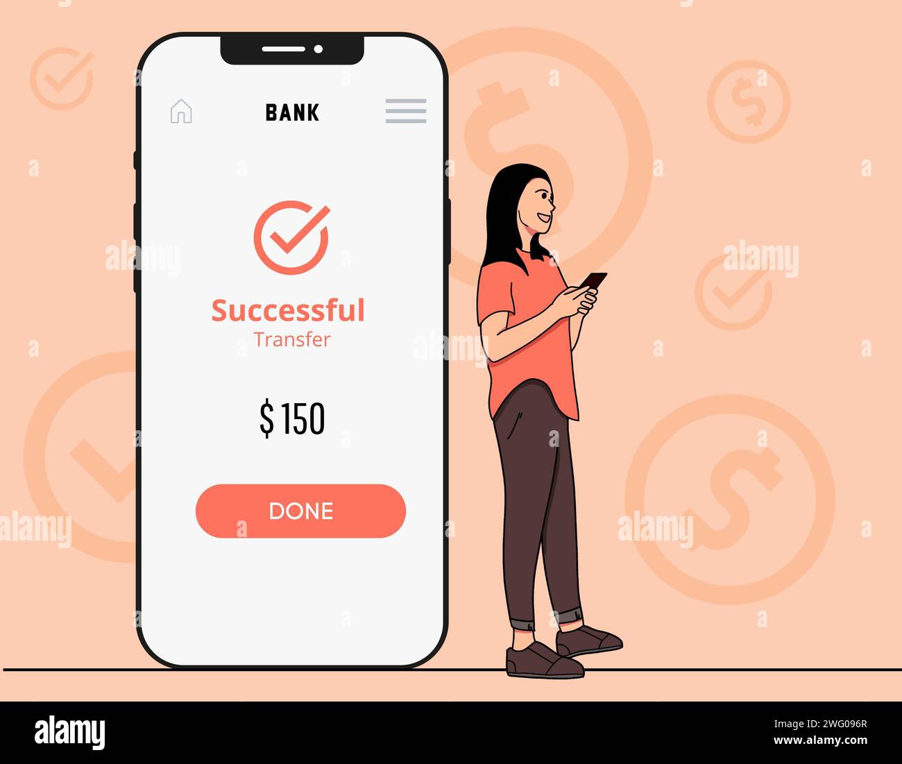 Kostenlose Vektorzahlung per Smartphone Wallet Transaktion Senden digital von einem Mobiltelefon zu einem anderen Vektor flache Illustration Stockfoto
