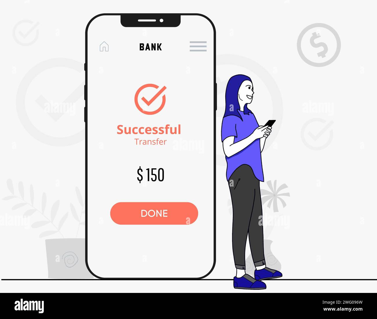 Kostenlose Vektorzahlung per Smartphone Wallet Transaktion Senden digital von einem Mobiltelefon zu einem anderen Vektor flache Illustration Stockfoto