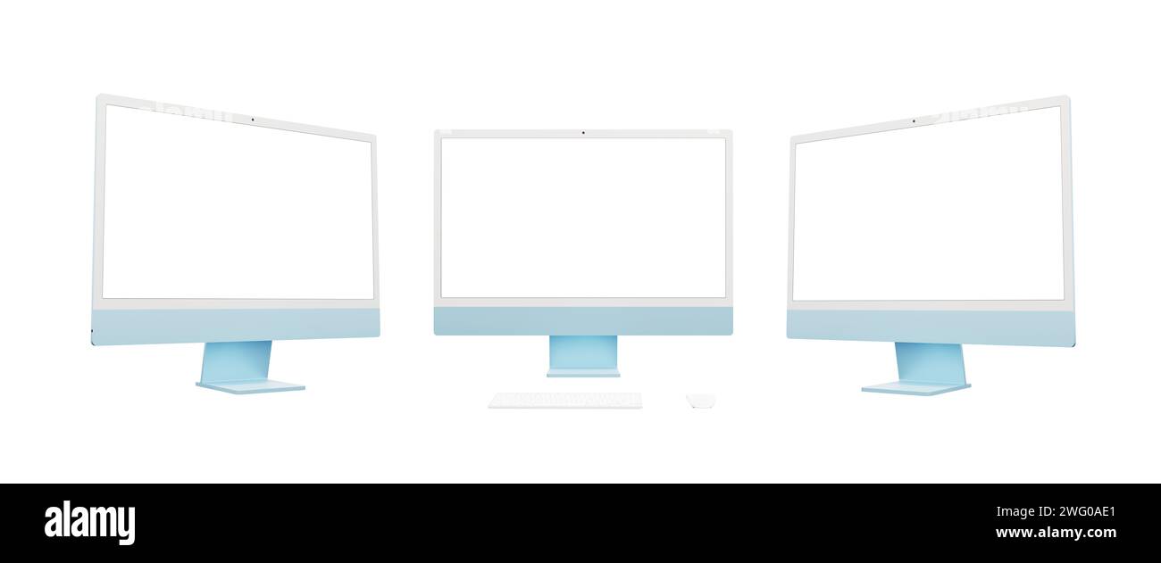 Modernes blaues Computerdisplay in drei Winkeln: Links, vorn, rechts. Isolierter Bildschirm und Hintergrund, perfekt für Mockup und Webseitenpräsentationen Stockfoto