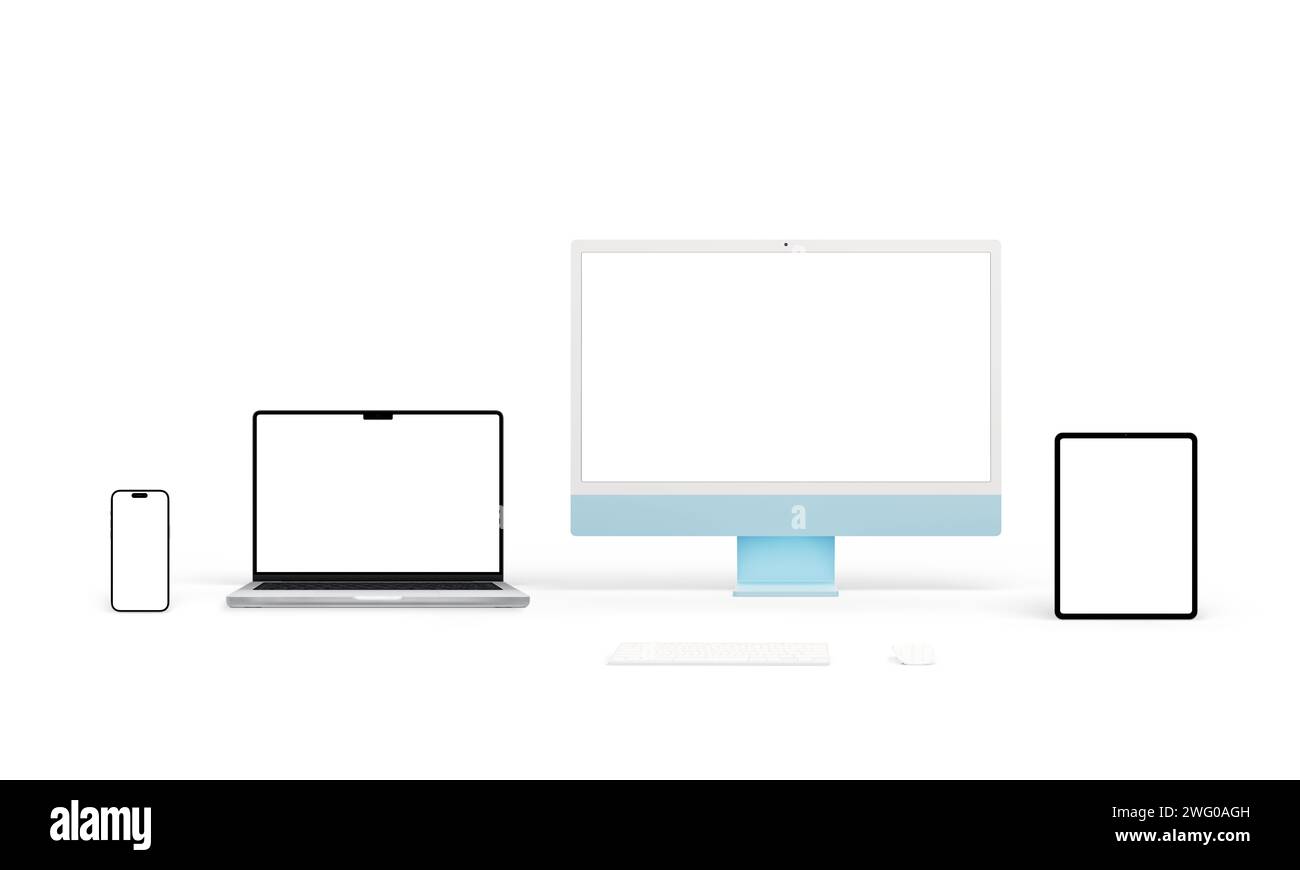 Moderne Computergeräte mit unterschiedlichen Bildschirmauflösungen für App- oder Webseitenpräsentationen. Isolierte Bildschirme für Modelldesigns. Inklusive blauem Computer Stockfoto