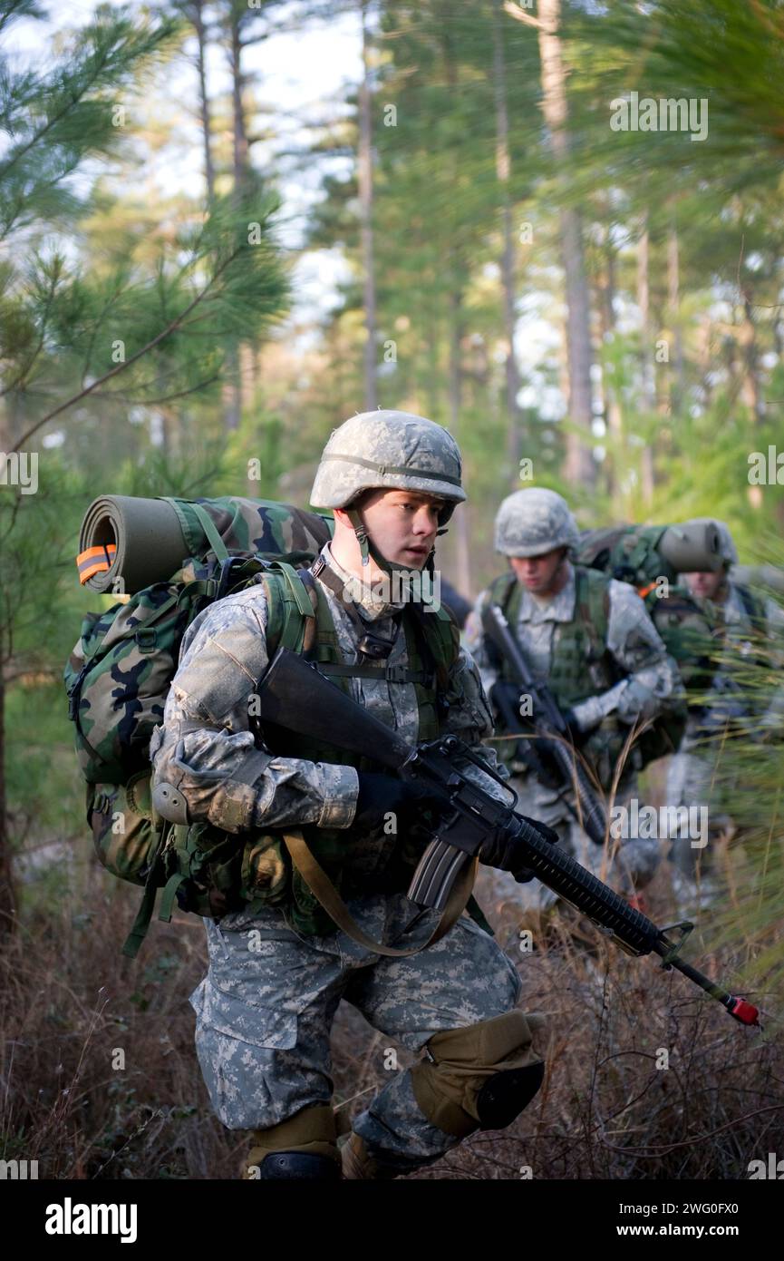 Soldaten patrouillieren während eines Feldtrainings durch den Wald. Stockfoto